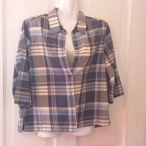 Ms Lee women's size small button-up blouse blue and white plaid stripes